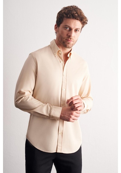 İmza Bej Düğmeli Yaka Örme Uzun Kol Performans Ürün Slim Fit Esnek Gömlek 1004255270 Bej