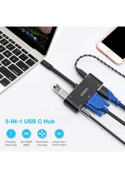 Onten Usb C To Hdmı Vga Hub Adaptör, 5-In-1 4K Type C To Hdmı+Vga