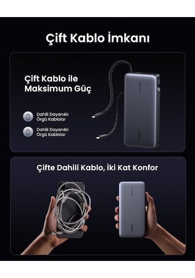 Ugreen Nexode 25.000 Mah 165w Akıllı Ekranlı, Dahili Usb-c Kablolu, Hızlı Şarj Powerbank, 55995b Gri - Siyah