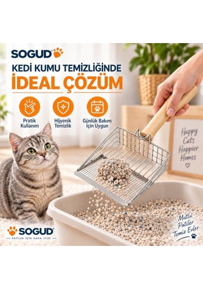 Sogud Metal Kedi Kumu Elek Kürek - Ahşap Saplı Paslanmaz Kedi Kumu Küreği - İnce Tel Elek Yapılı Hijyenik Kedi Tuvalet Temizleme Küreği - Dayanıklı Ve Pratik - 26 Cm