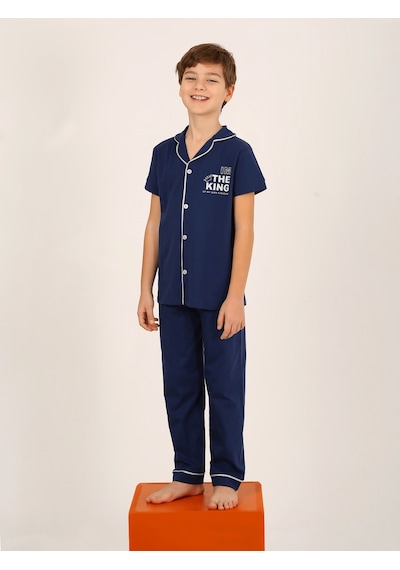 Vitmo Erkek Çocuk Kısa Kollu Düğmeli %100 Pamuklu Pijama Takımı The King Lacivert