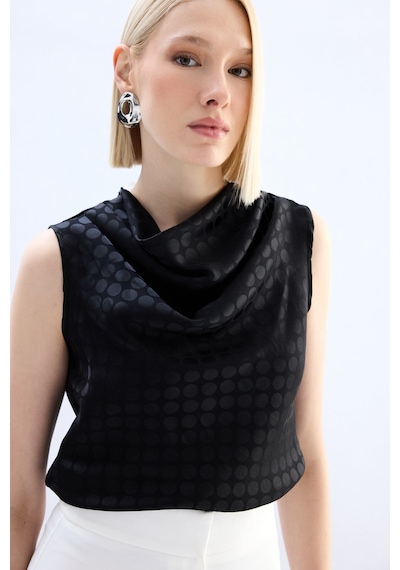 Sateen Puantiye Desenli Kolsuz Bluz - Siyah-136749 Siyah