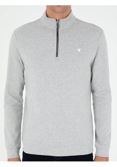 Gri Melanj Regular Fit Pamuk Karışımlı Yarım Fermuarlı Sweatshirt