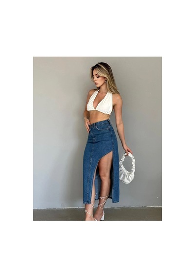 Kene Jeans Yüksek Bel Uzun Ön Parçalı Asimetrik Kot Etek Mavi