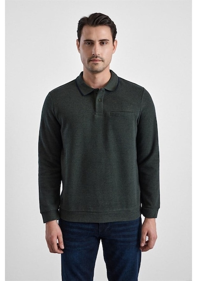 Süvari Haki Regular Düz Fermuarlı Polo Yaka Sweatshirt Sw2013700011-yh1