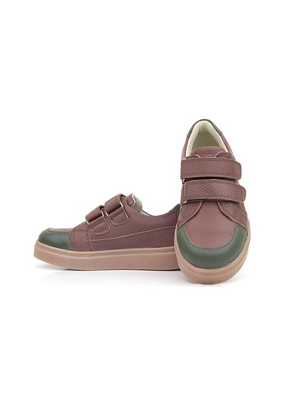 Rakerplus Kahverengi Yeşil Hakiki Deri Cırtlı Çocuk Sneaker Ayakkabı Kahverengi