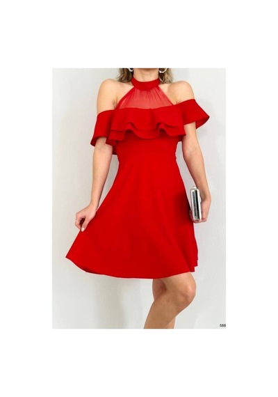 Store Tül Volanlı Yaka Mini Elbise Kayık Kumaş Zümrüt - 935899180 Zümrüt