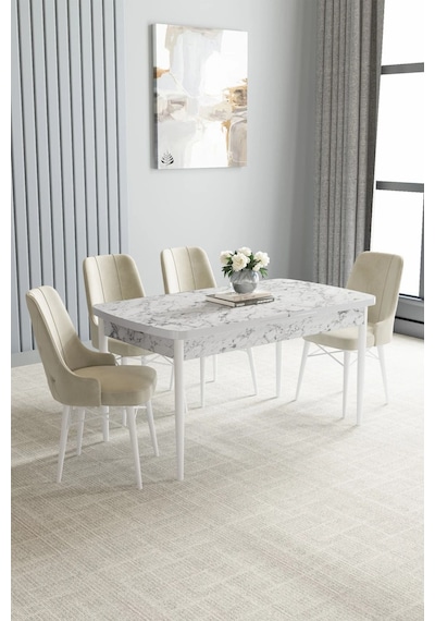 Zümra Serisi, Beyaz Mermer Desen 80x132 Açılabilir Mdf Mutfak Masası Takımı 4 Adet Sandalye Krem Zümra Serisi, Beyaz Mermer Desen 80x132 Açılabilir Mdf Mutfak Masası Takımı 4 Adet Sandalye Krem