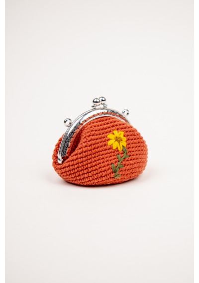 Fabric Craft Bag Bozuk Para Cüzdanı Klipsli Örgü, Çiçek Nakışlı Merserize İplik Kiremit
