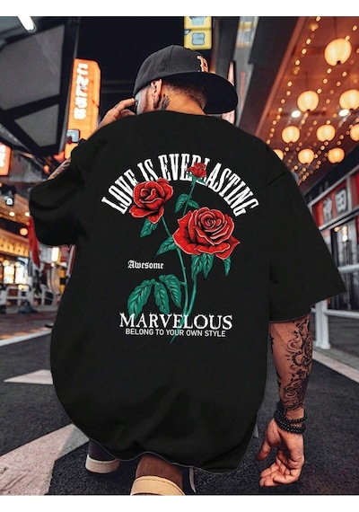Flood Of Style Erkek Siyah Marvelous Gül Baskılı Oversize