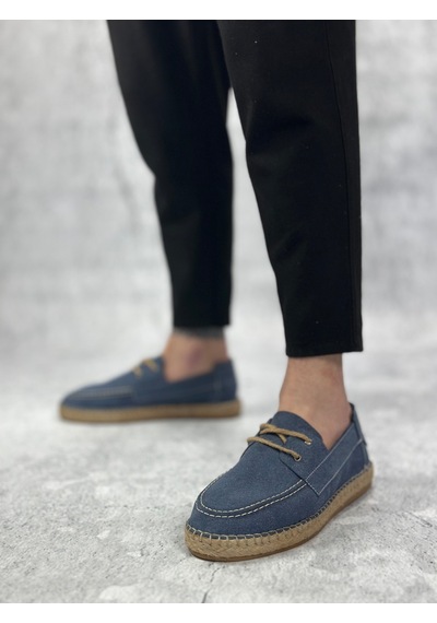 Ba0358 Boa Doğal Deri Tozu Bağcıklı Kauçuk El Yapımı Espadril Taban Mavi Renk Erkek Ayakkabı Mavi