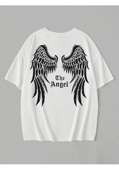 Kadın Kısa Kol Tişört Bisiklet Yaka Angel Melek Kanadı Baskılı T-shirt - Beyaz