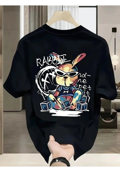 Erkek T-shirt Tavşan Baskılı Kısa Kollu Tişört - Siyah