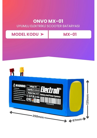 Onvo Mx-01 Uyumlu Batarya Maksimum Kapasite 48v 25.000mah Elektrikli Scooter Bataryası Çok Renkli