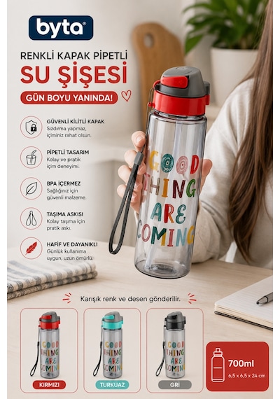 700 Ml Pipetli Su Matarası Kilitli Kapaklı Sızdırmaz Tritan Matara Taşıma Askılı Bpa Free Gri-kırmızı Siyah