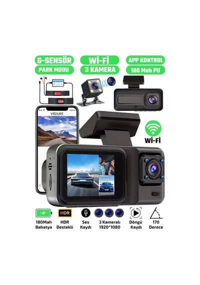 Buğz A-98 Wifi Full Hd 3 Kameralı Araç İçi Güvenlik Kamerası + Park Modu Kablosu Ön-arka-iç Kayıt,dashcam