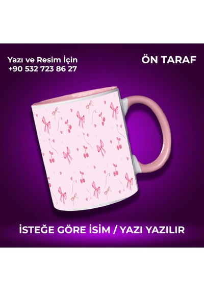 Kişiye Özel Pembe Kurdele Desenli Renkli Kupa -çok Hoş Hediye Pembe