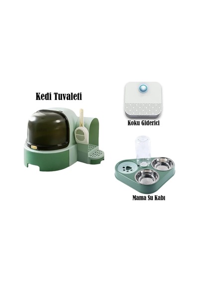 Mega Paket Büyük Boy Kedi Tuvaleti+kedi Koku Giderici+mama Su Kabı Yeşil