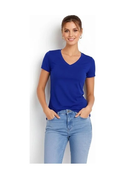 T-shirt V Yaka Slim Fit Likralı Tişört Günlük Basic Body - İndigo