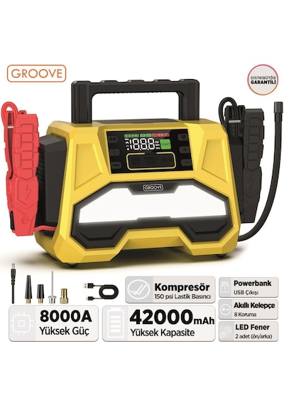 Groove F05 42000mah 8000a Akü Takviye Cihazı +lastik Şişirme Kompresörlü Taşınabilir Jump Starter+pd 30w Hızlı Şarj Kompresör+powerbank+led Lamba+lcd Ekran