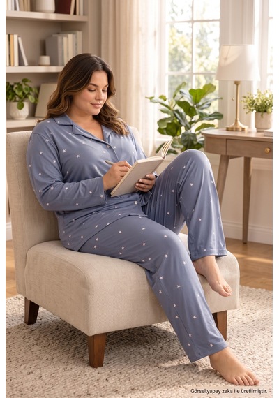 Seboteks Milan Kumaş Önden Düğmeli Uzun Kollu Büyük Beden Kadın Pijama Takımı 3499 Füme