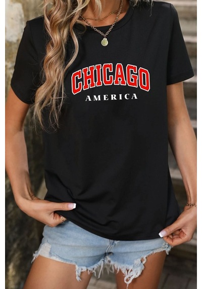 Uyguntarz Kopya - Unisex Chiago Baskılı Kısa Kol T-shirt Siyah