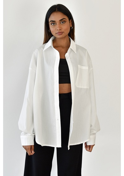 Madmext Beyaz Oversize Basic Cepli Poplin Gömlek Mg1530 Beyaz