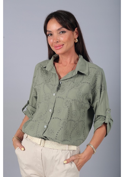By Saygı Kadın İtalyan Cotton Mini Çiçek Nakış İşlemeli Gömlek Haki
