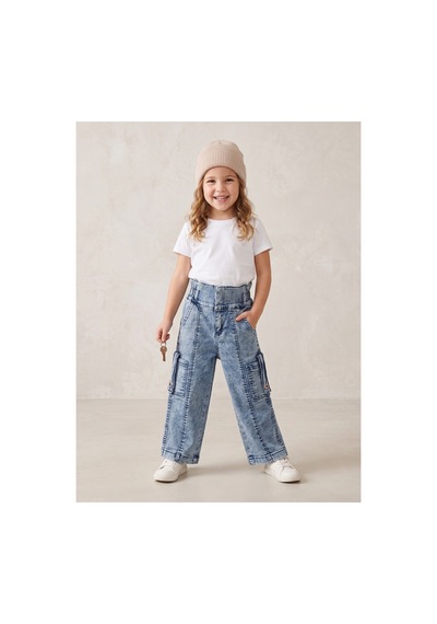 Deniva Kids Kız Çocuk Yüksek Bel Kar Yıkama Cepli Palazzo Jean Pantolon Mavi