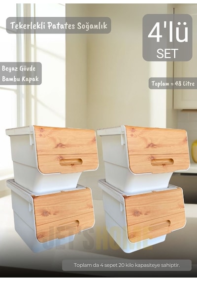 4 Lü Bambu-beyaz Renk Tekerlekli Patateslik Soğanlık Oyuncak Kutusu Patates Soğan Sepeti Toplam 48 Lt Bambu-beyaz