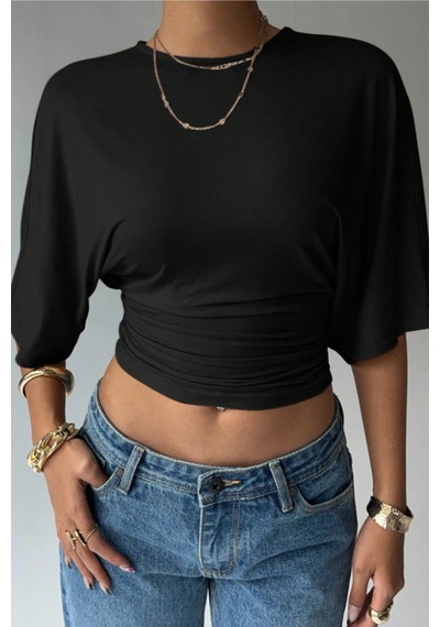 Cool Tarz Kadın Siyah Crop Bluz Yarım Kol Salaş Fit Yüksek Bel Büzgülü Basic Tişört Siyah Siyah Cool Tarz Kadın Siyah Crop Bluz Yarım Kol Salaş Fit Yüksek Bel Büzgülü Basic Tişört Siyah Siyah