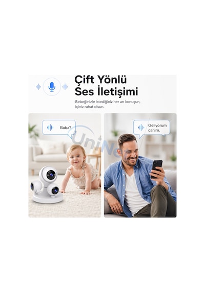 Uninet Üç Kameralı Wifi Iç Mekân Güvenlik Kamerası Üçlü Görüntü, Uzaktan Izleme Ve Gece Görüşü 355 Derece Ptz Kamera