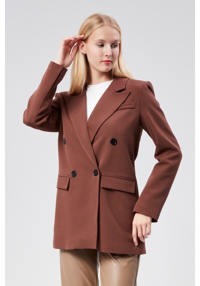 Kahverengi Regular Astarlı Kruvaze Kapama Dokuma Oversize Blazer Ceket 001