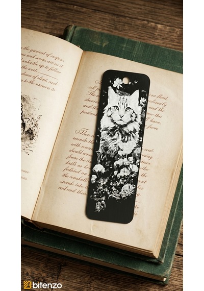 Sanatsal Kedi Ve Çiçek Figürlü Kabartma Dokulu Kitap Ayracı - Mat Siyah Şık Kitap Aksesuarı