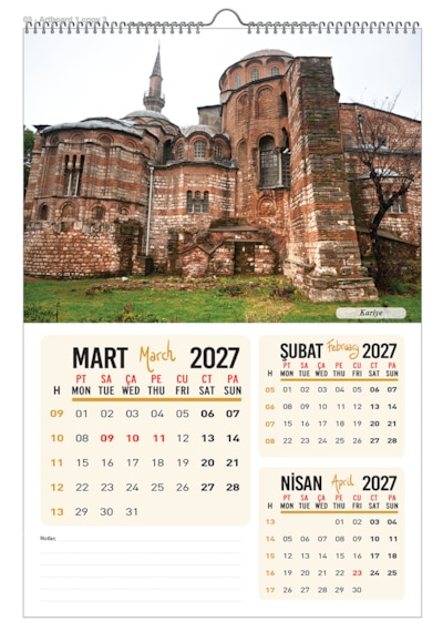 2027 Türkiye Manzaraları Duvar Takvimi 33x48 12 Sayfa Üstten Spiralli Ve Askılı Model1-3 Aylı