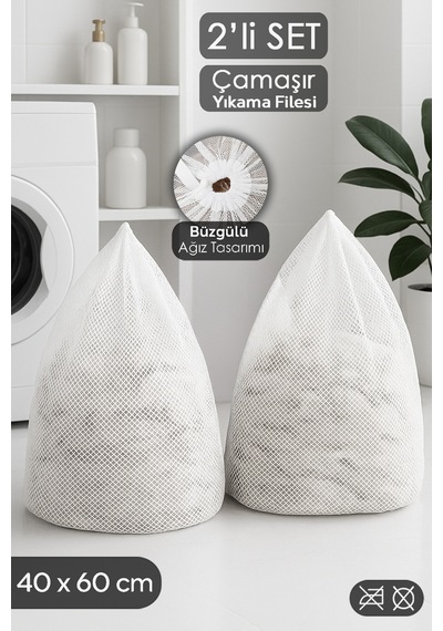 2'li İpli Çamaşır Yıkama Filesi Seti - Koruyucu Çamaşır Yıkama Torbası 40x60 Cm Beyaz