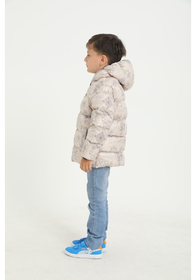 First Steps Erkek Çocuk Bej Pusula Desen İçi Polar Su Ve Rüzgar Geçirmez Kapüşonlu Cepli Şişme Kışlık Mont Bej