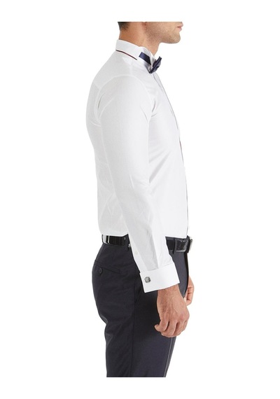 Efor Slim Fit Duble Manşet Biyeli Beyaz Bordo Damatlık Smokin Gömlek Gk 182 Beyaz