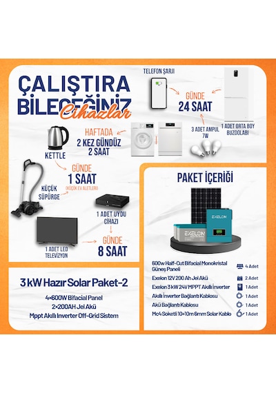 3 Kw Hazır Solar Paket - 2 4x600w Bifacial Panel + 2x200ah Jel Akü + Mppt Akıllı Inverter Off-grid Güneş Enerji Sistemi