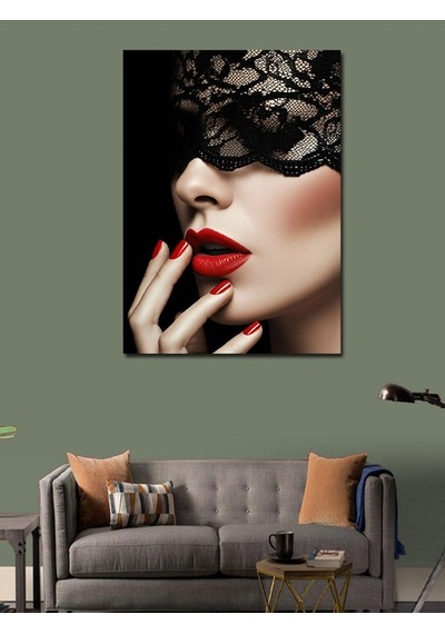 Kanvas Tablo Dantel Maske Ve Kırmızı Dudaklar 70cmx100cm