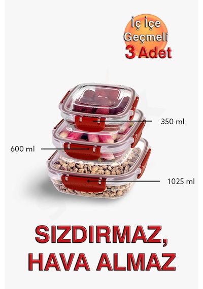Lock&fresh Master Kare Saklama Kabı 350, 600, 1025 Ml Üçlü Set Kırmızı