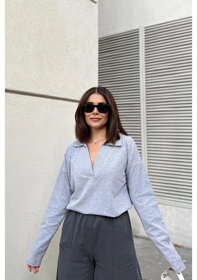 WeShaya Kadın Gri Polo Yaka Basic Bluz, Uzun Kol, Regular Kesim, Günlük Ve Spor Kaliteli Kumaş Sweatshirt Gri