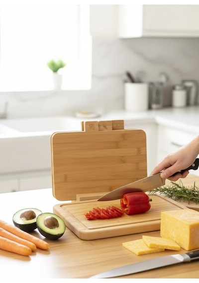 3 Lü Bambu Kesme Tahtası Seti Mutfak Doğrama & Sunum Tahtası Açık Kahverengi