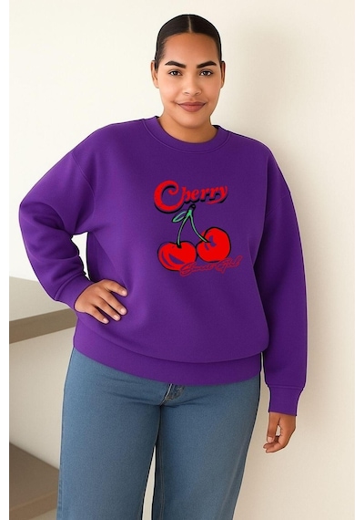 Benroma Cherry Kiraz Baskılı Büyük Beden Unisex Sweatshırt Mor