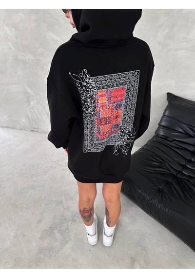 Uzun Kol Kapüşonlu Ön Ve Arka Baskılı Sweatshirt - Siyah - Siyah