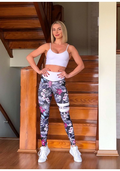 Lismina Bacağı Ve Beli Beyaz Şeritli Çiçek Desenli Spor Tayt Lila