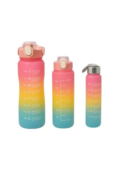 3 Lü Renkli Suluk Seti Motivasyonlu Spor Matara Seti 2l, 900ml Ve 300ml Su Şişesi Sızdırmaz, Dayanıklı, Şık Tasarım Pembe-sarı 0