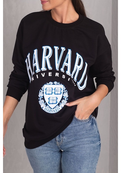 Armonika Kadın Siyah Önü Yazılı Yuvarlak Yaka Oversize Uzun Kol Sweatshirt Arm-24k024005