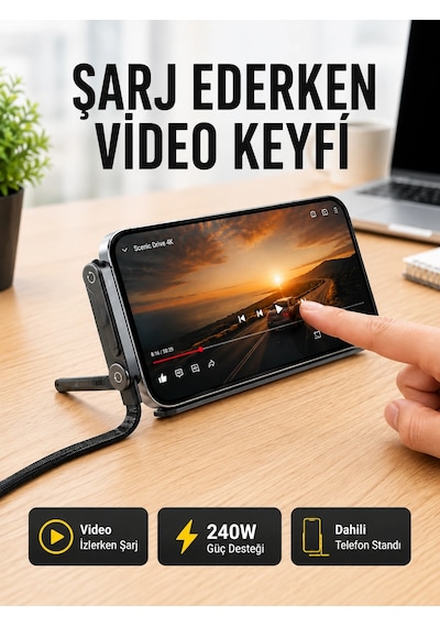 Katlanabilir Telefon Standlı 240w Type-c Hızlı Şarj Kablosu