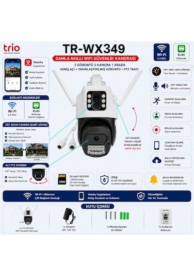 Trio Tr-wx239 Çift Kameralı Wifi Güvenlik Kamerası Zoom Lensli Ptz Takipli Ip66 12v Adaptör Dahil